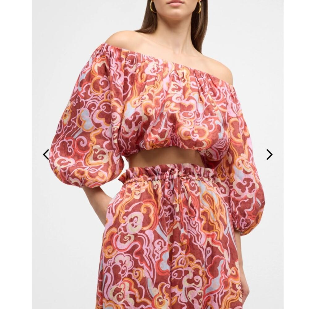 NEW NWT A.L.C. Katherine Printed Off-The-Shoulder Crop Top Medium Linen Resort